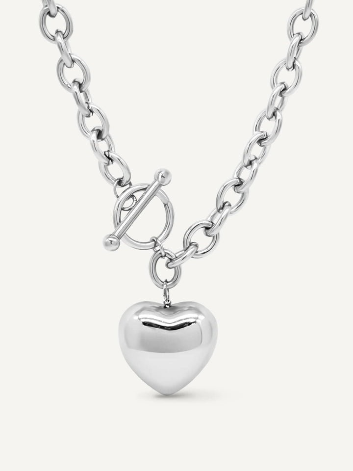 Stainless Steel Center Toggle Clasp Chain Necklace with Puffy Heart
