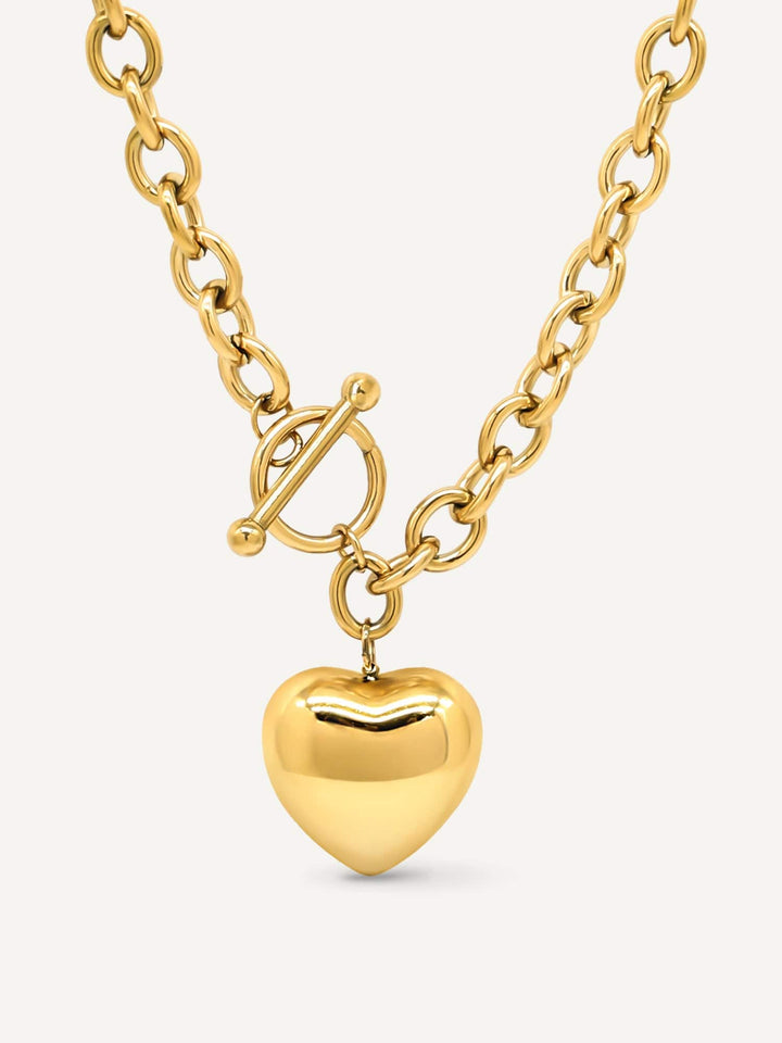 Stainless Steel Center Toggle Clasp Chain Necklace with Puffy Heart