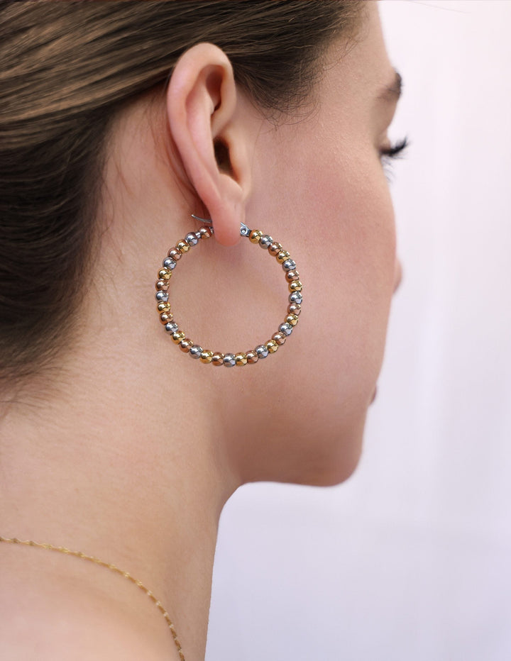 Stainless Steel Clasp Closure Medium Size Tri Tone Metal Beaded Hoop Earrings