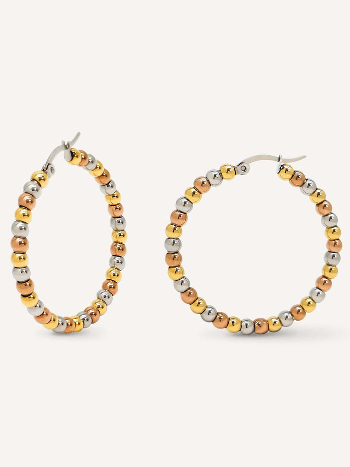Stainless Steel Clasp Closure Medium Size Tri Tone Metal Beaded Hoop Earrings