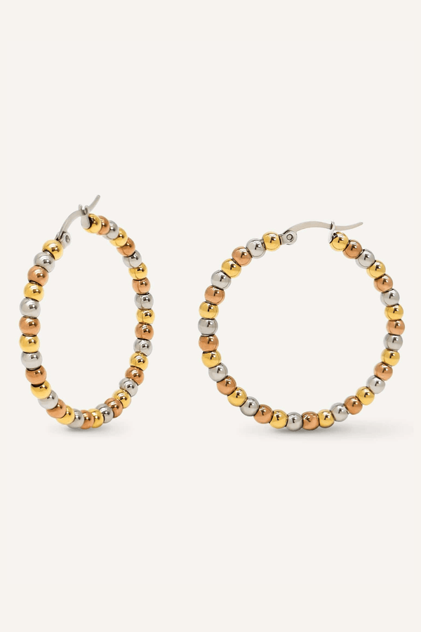 Stainless Steel Clasp Closure Medium Size Tri Tone Metal Beaded Hoop Earrings