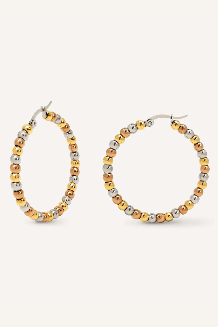 Stainless Steel Clasp Closure Medium Size Tri Tone Metal Beaded Hoop Earrings