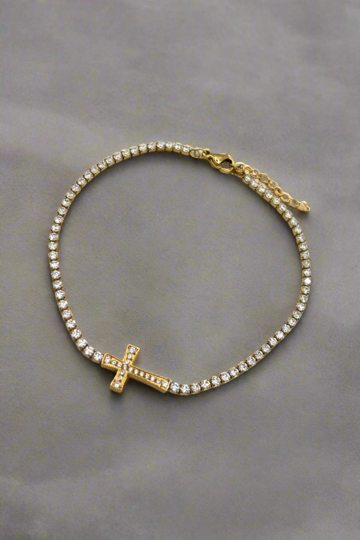 Stainless Steel CZ Set Square Chain with Centerpiece CZ Cross Bracelet