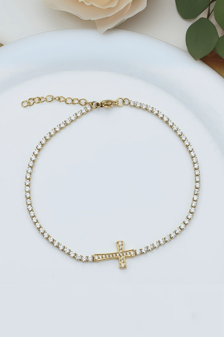 Stainless Steel CZ Set Square Chain with Centerpiece CZ Cross Bracelet