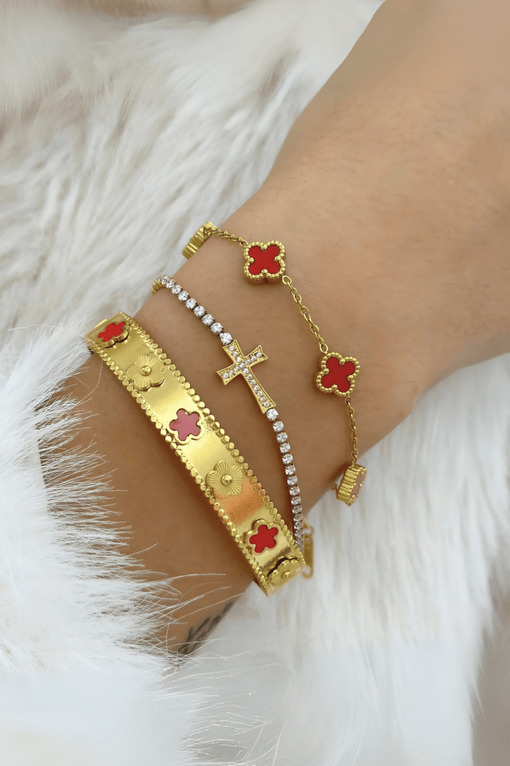 Stainless Steel CZ Set Square Chain with Centerpiece CZ Cross Bracelet