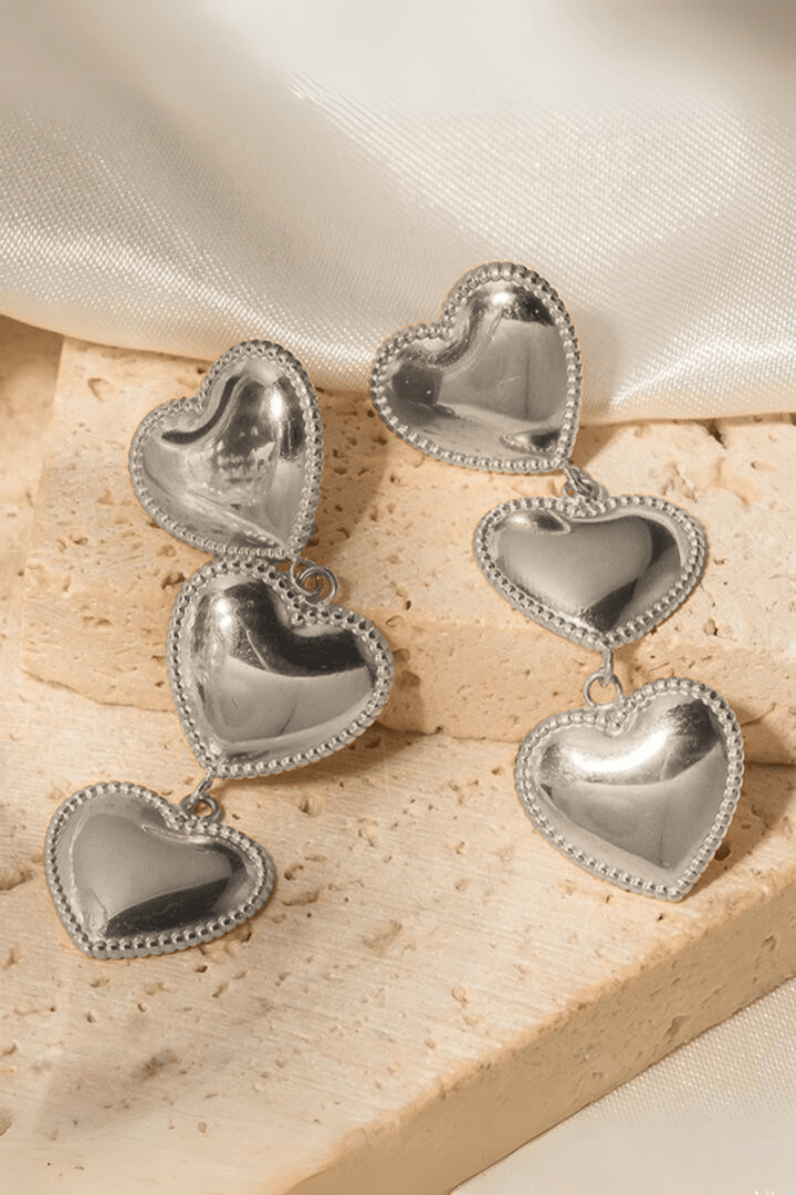 Stainless Steel Detailed Edge Triple Heart Drop Earrings
