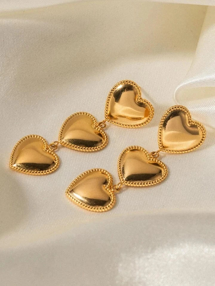 Stainless Steel Detailed Edge Triple Heart Drop Earrings