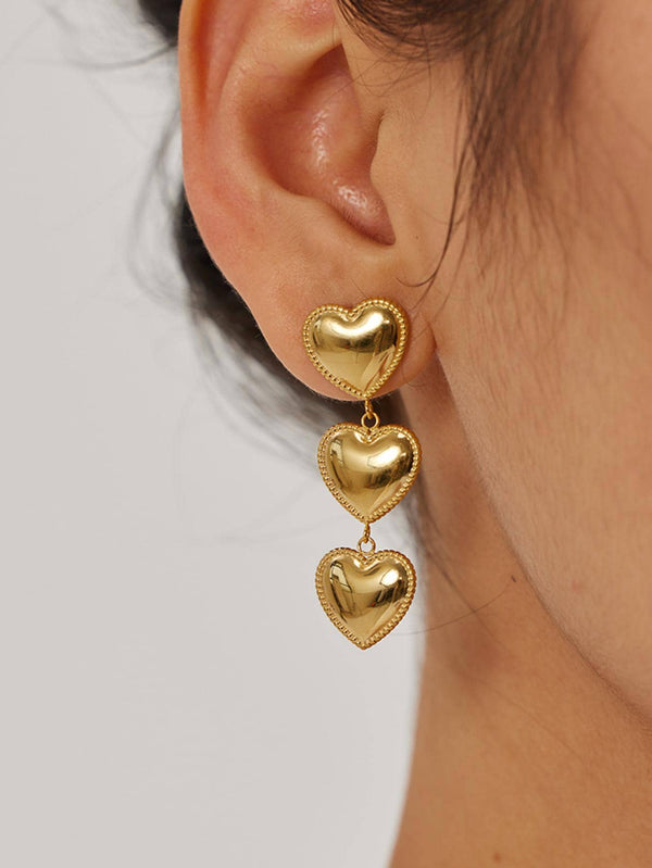 Stainless Steel Detailed Edge Triple Heart Drop Earrings