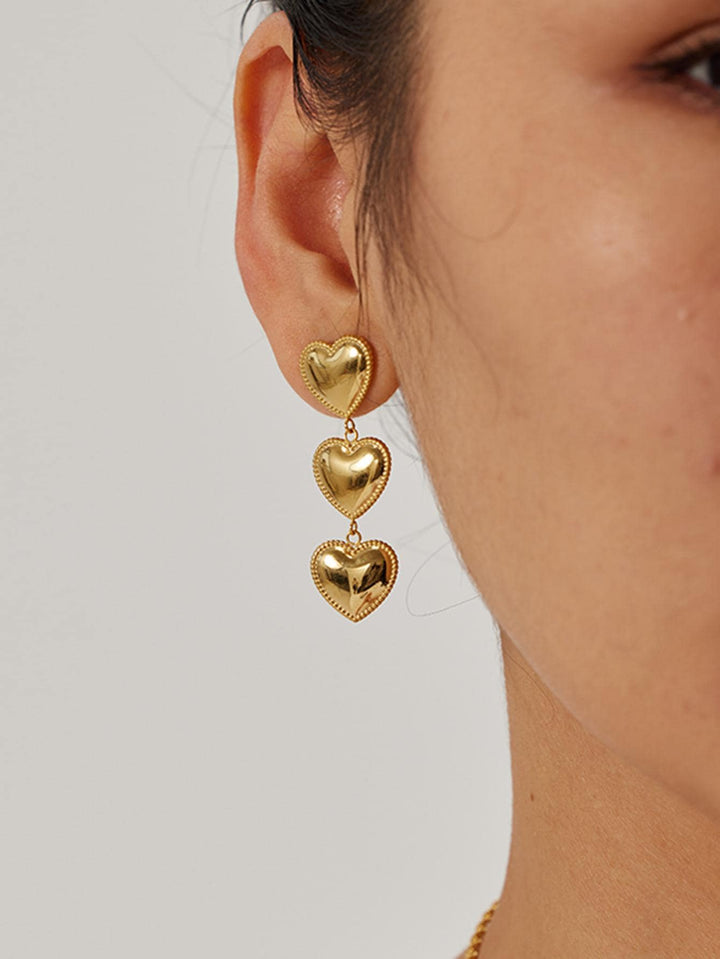 Stainless Steel Detailed Edge Triple Heart Drop Earrings