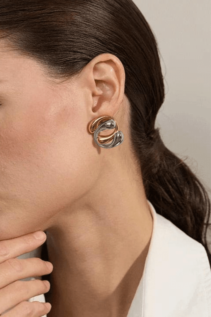 Stainless Steel Interlocked Tapered U Shape Two Tone Post Earrings