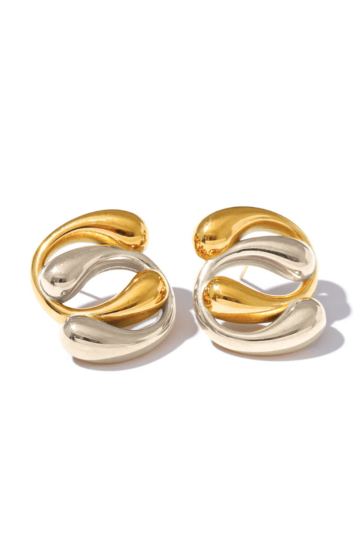 Stainless Steel Interlocked Tapered U Shape Two Tone Post Earrings