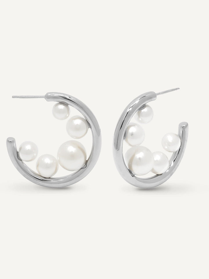 Stainless Steel Multi Size Pearl Attached Post Back Open Hoop Earrings