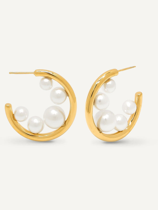 Stainless Steel Multi Size Pearl Attached Post Back Open Hoop Earrings