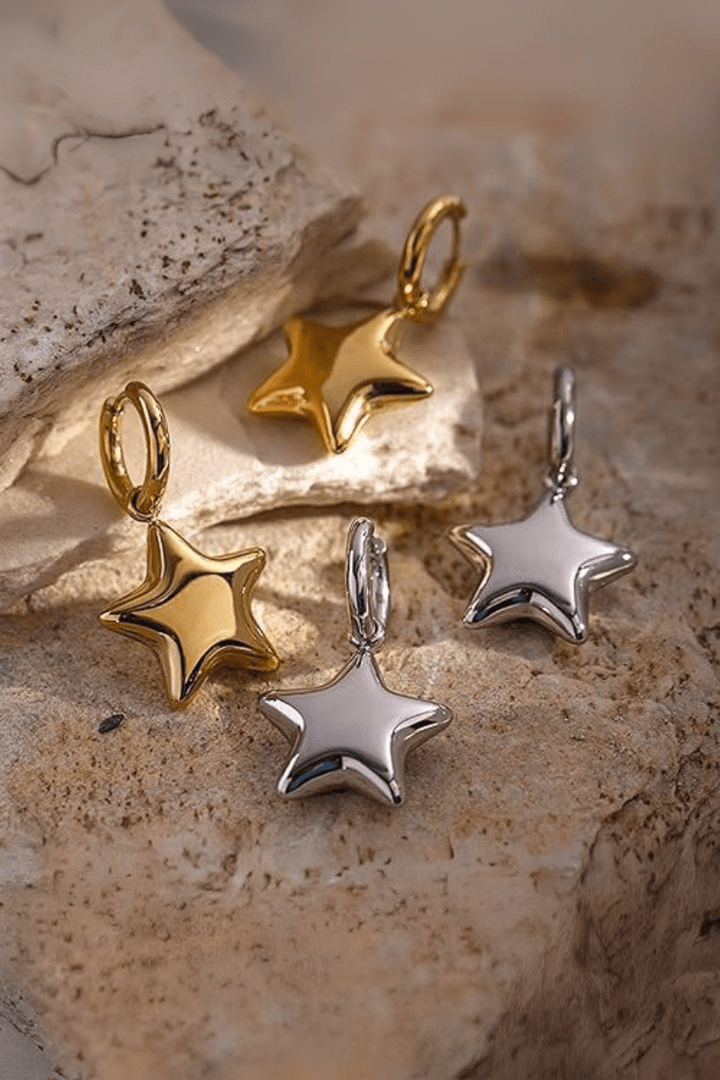 Stainless Steel Puffy Star Dangling Clasp Hoop Earrings
