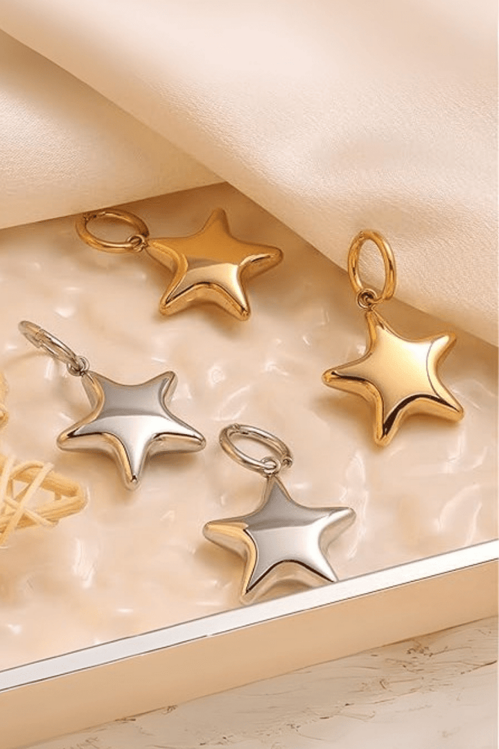 Stainless Steel Puffy Star Dangling Clasp Hoop Earrings