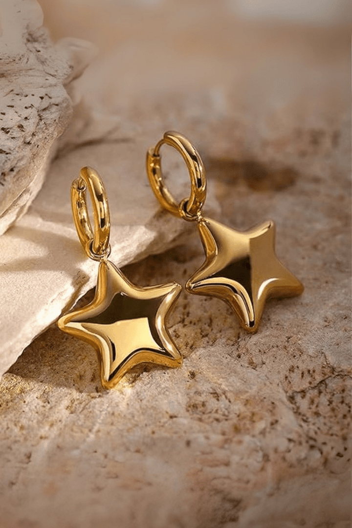 Stainless Steel Puffy Star Dangling Clasp Hoop Earrings