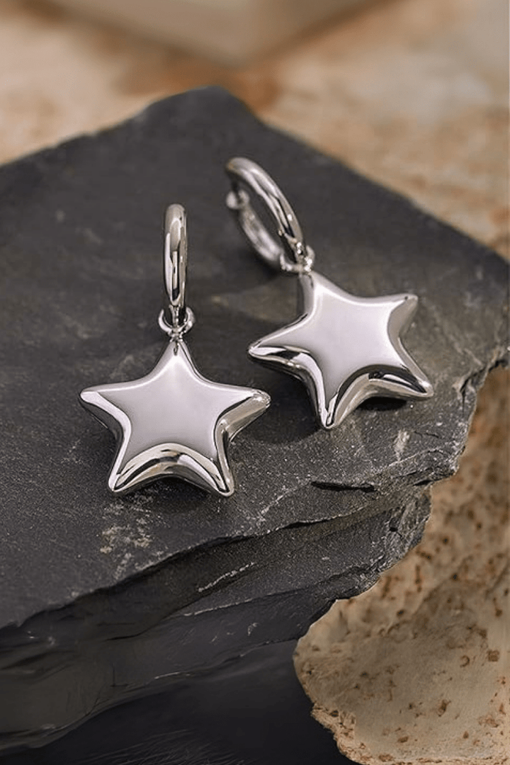 Stainless Steel Puffy Star Dangling Clasp Hoop Earrings