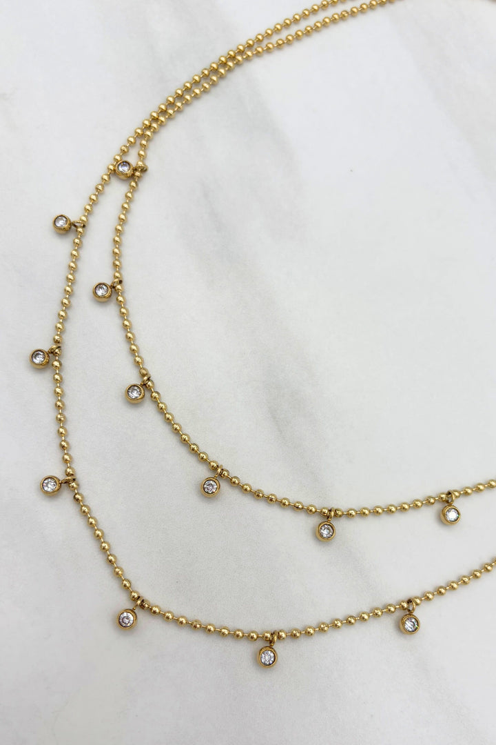 Stainless Steel Short Ball Chain Necklace with Dangling Set CZ Spaced Accent Charms