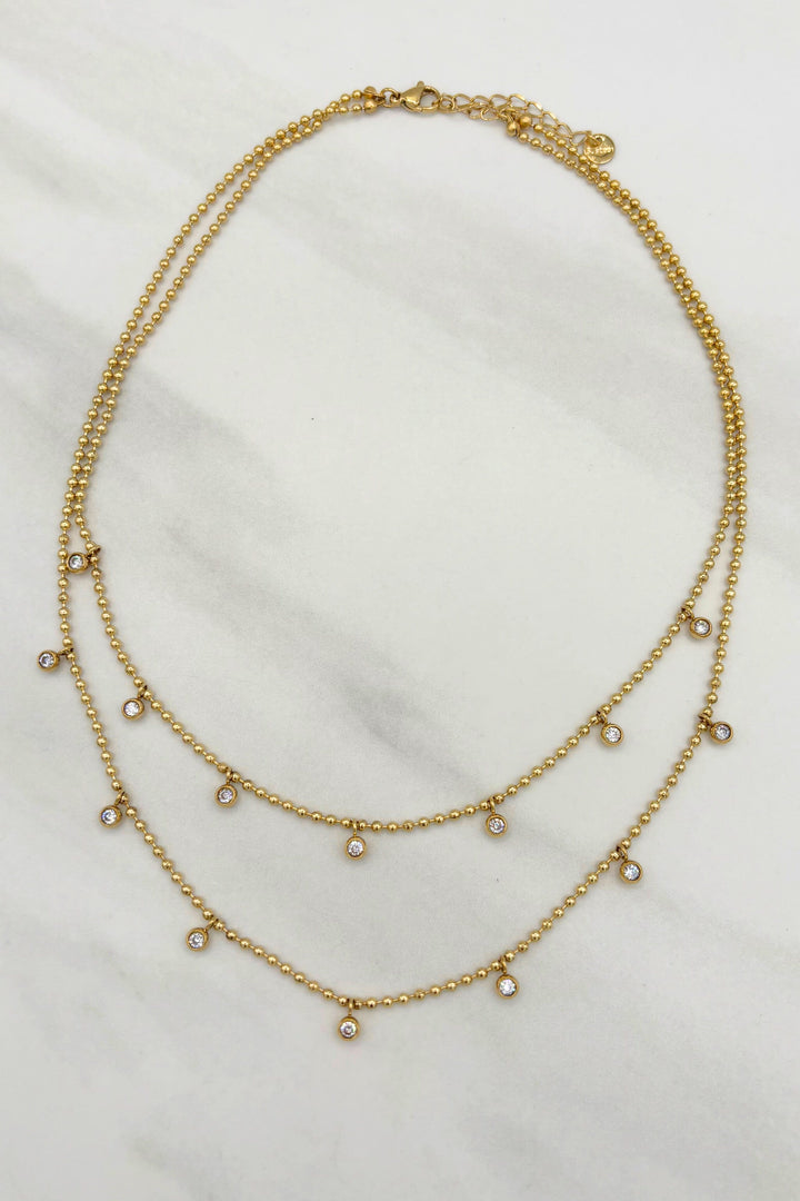 Stainless Steel Short Ball Chain Necklace with Dangling Set CZ Spaced Accent Charms