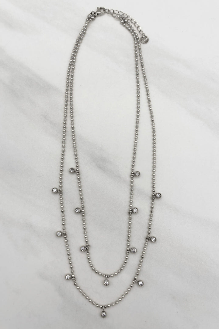 Stainless Steel Short Ball Chain Necklace with Dangling Set CZ Spaced Accent Charms