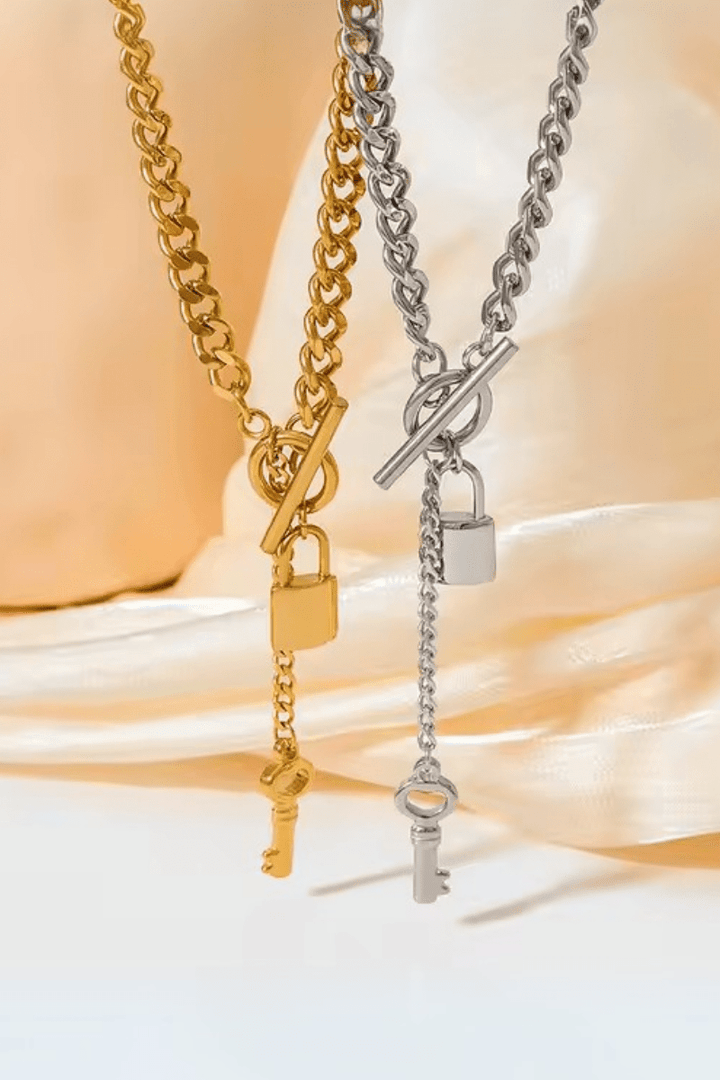 Stainless Steel Solid Curb Chain with Lock and Key Charms Dangling from Center Toggle Clasp
