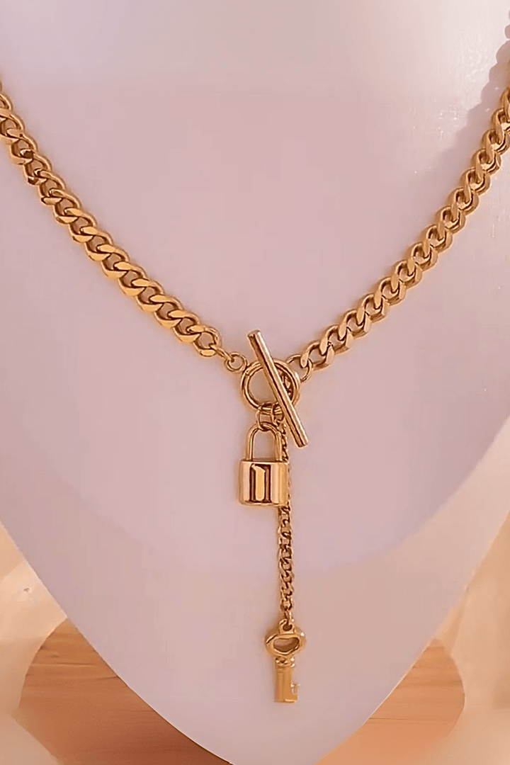 Stainless Steel Solid Curb Chain with Lock and Key Charms Dangling from Center Toggle Clasp