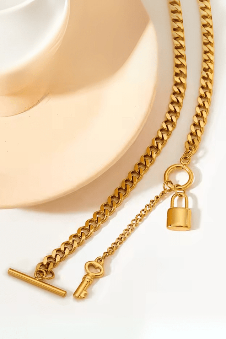 Stainless Steel Solid Curb Chain with Lock and Key Charms Dangling from Center Toggle Clasp