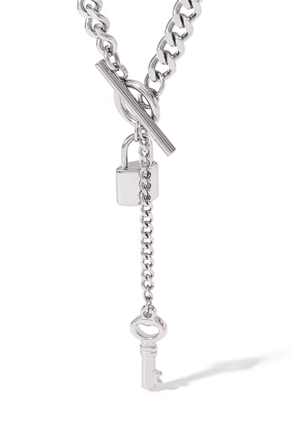 Stainless Steel Solid Curb Chain with Lock and Key Charms Dangling from Center Toggle Clasp