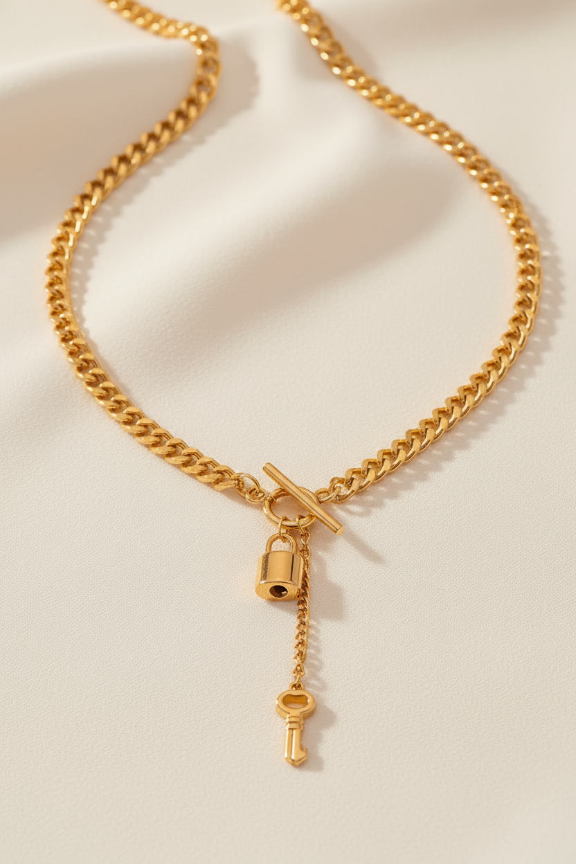 Stainless Steel Solid Curb Chain with Lock and Key Charms Dangling fro ...