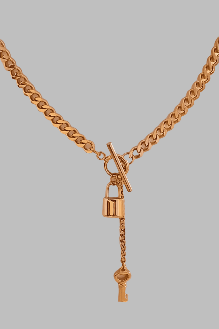 Stainless Steel Solid Curb Chain with Lock and Key Charms Dangling from Center Toggle Clasp