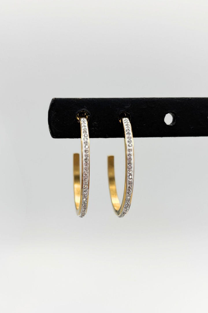 Stainless Steel Thin Crystal Studded Open Medium Hoop Earrings