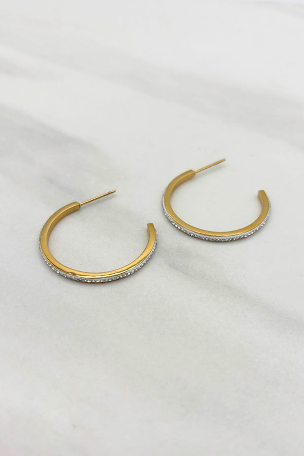 Stainless Steel Thin Crystal Studded Open Medium Hoop Earrings