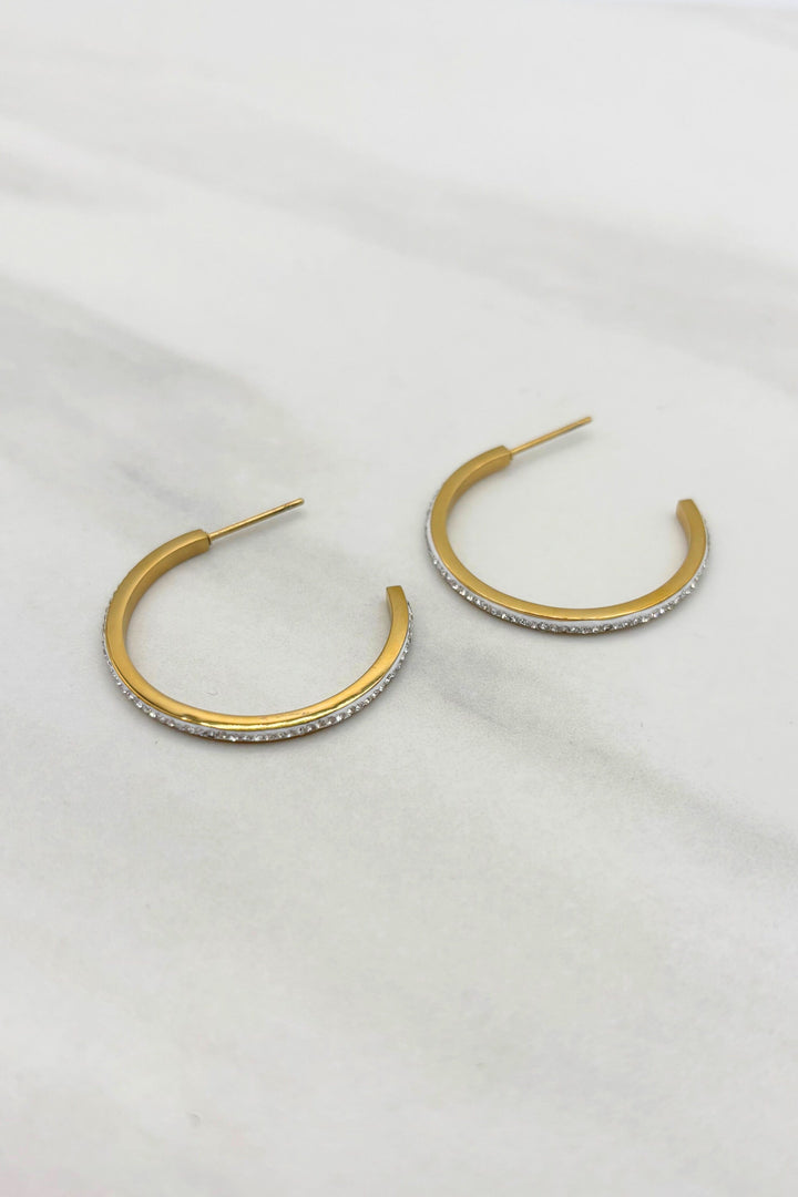 Stainless Steel Thin Crystal Studded Open Medium Hoop Earrings