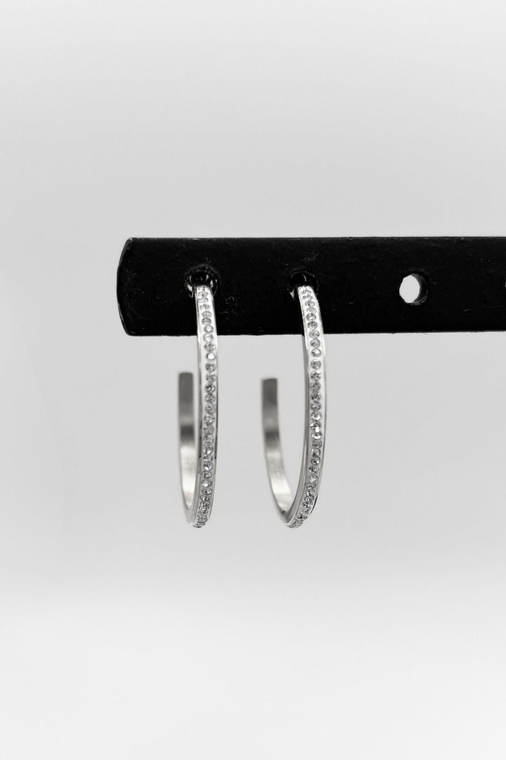 Stainless Steel Thin Crystal Studded Open Medium Hoop Earrings