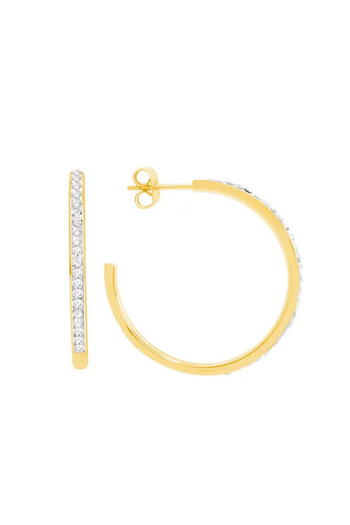 Stainless Steel Thin Crystal Studded Open Medium Hoop Earrings