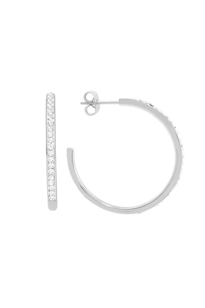 Stainless Steel Thin Crystal Studded Open Medium Hoop Earrings