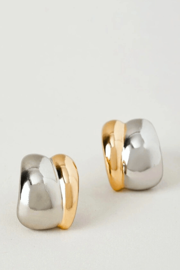 Stainless Steel Two Tone Small Chunky Half Hoop Post Earrings