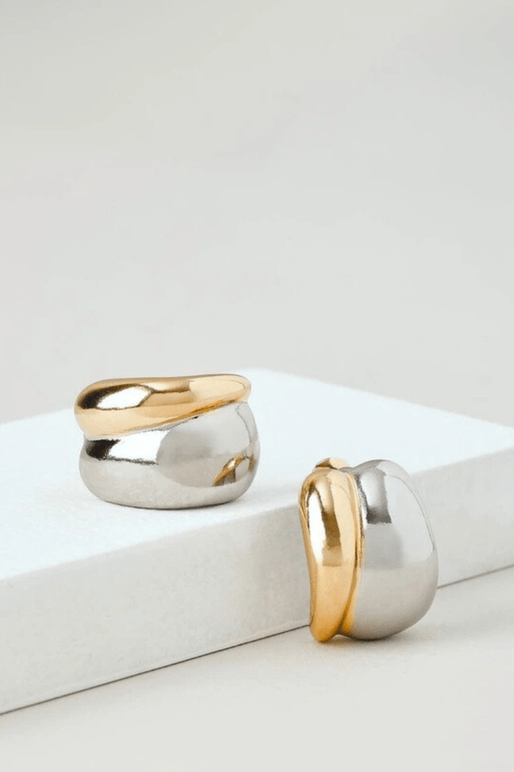 Stainless Steel Two Tone Small Chunky Half Hoop Post Earrings