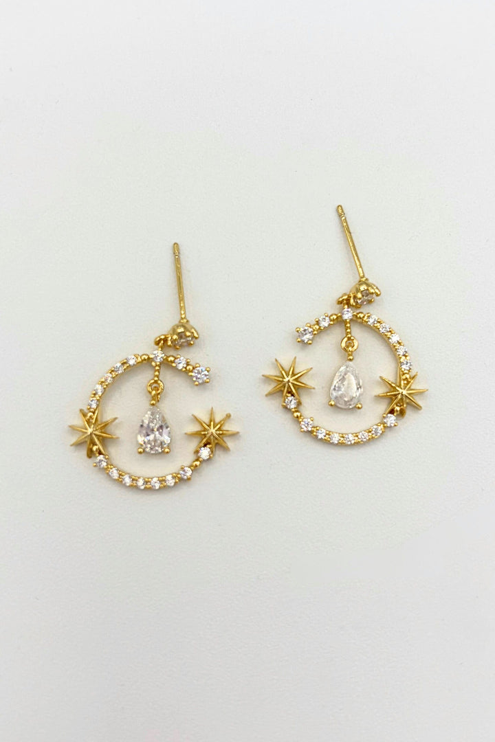 Star Accent Dangling Gem Studded Open Circle Earrings with Teardrop Center