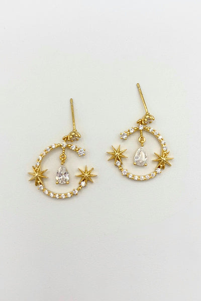 Star Accent Dangling Gem Studded Open Circle Earrings with Teardrop Center