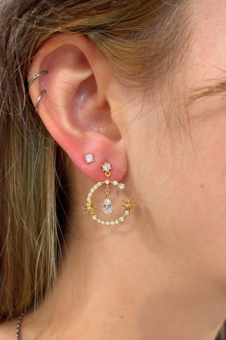 Star Accent Dangling Gem Studded Open Circle Earrings with Teardrop Center