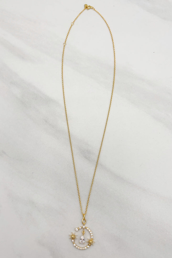 Star Accented Dangling Gem Studded Open Circle Chain Necklace with Teardrop Center