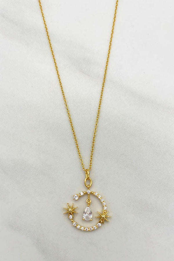 Star Accented Dangling Gem Studded Open Circle Chain Necklace with Teardrop Center