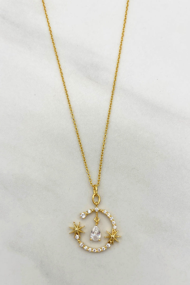 Star Accented Dangling Gem Studded Open Circle Chain Necklace with Teardrop Center