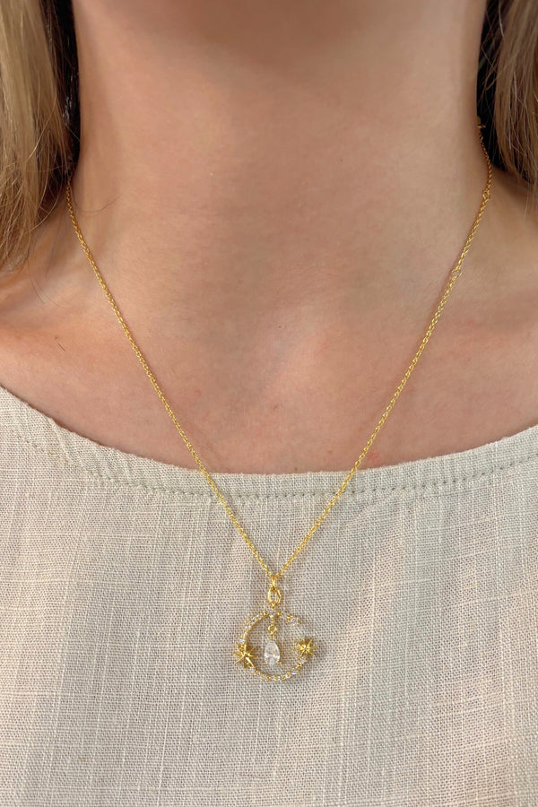 Star Accented Dangling Gem Studded Open Circle Chain Necklace with Teardrop Center