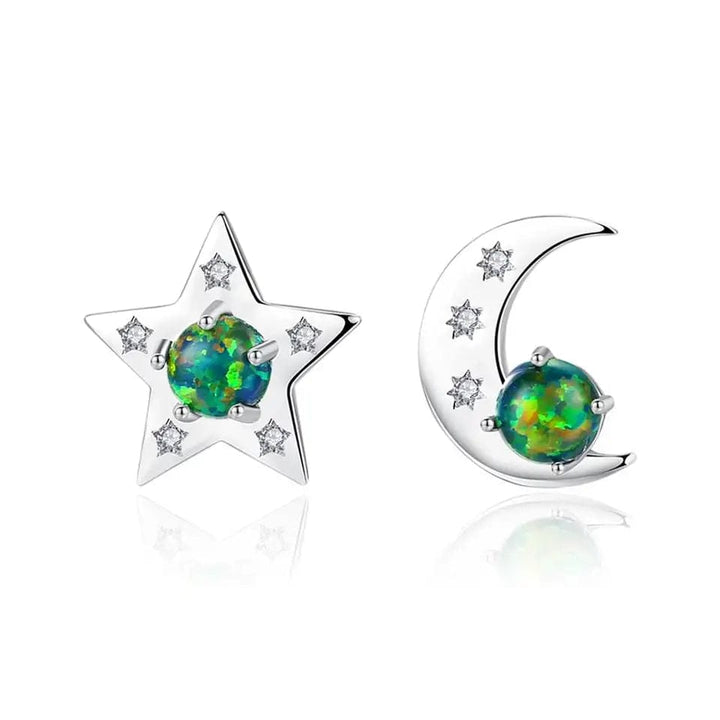 Star and Moon 18K Gold Plated 925 Stainless Steel Opal Earrings