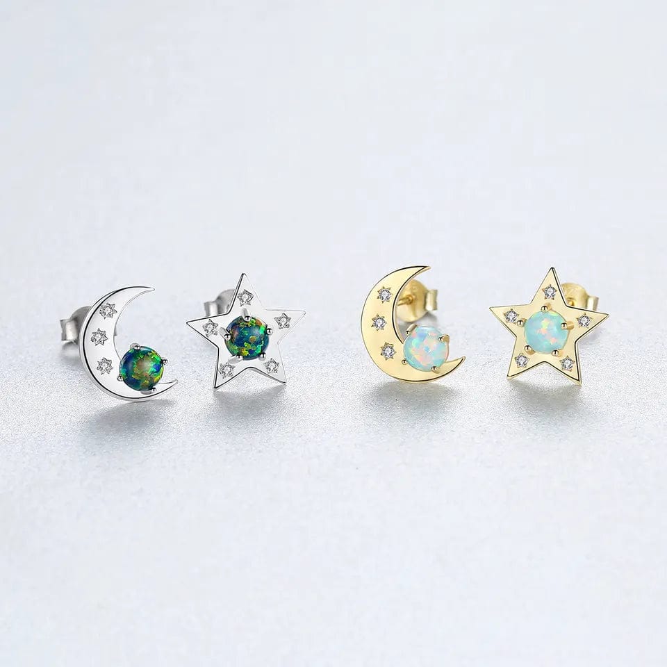 Star and Moon 18K Gold Plated 925 Stainless Steel Opal Earrings