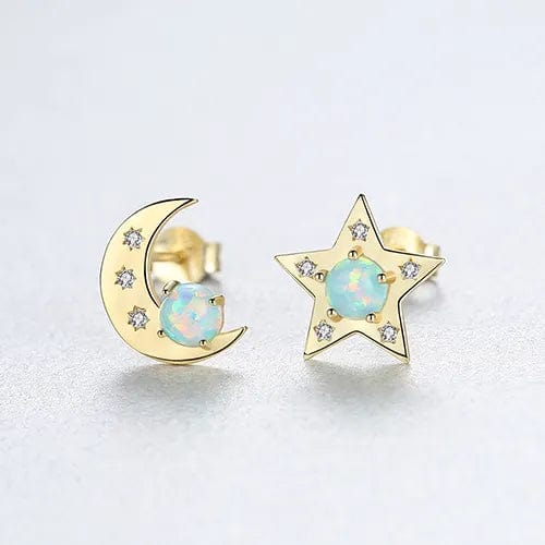 Star and Moon 18K Gold Plated 925 Stainless Steel Opal Earrings