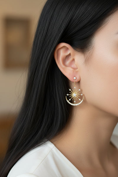 Star Centerpiece and Studded Half Moon Dainty Gold Filled Drop Earrings