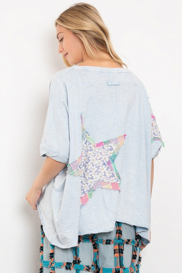 Star Design Layered Patchwork Loose Fit Mineral Washed T-Shirt with High Low Hemline